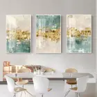 Altın Yansımalar: Soyut Turkuaz Düşler Üçlü Metal Çerçeveli Tablo Seti