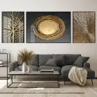 Altın Ağacın Işıltısı Üçlü Metal Çerçeveli Tablo Seti