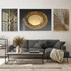 Altın Ağacın Işıltısı Üçlü Metal Çerçeveli Tablo Seti