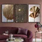 Altın Ginkgo Zarafeti Üçlü Metal Çerçeveli Tablo Seti