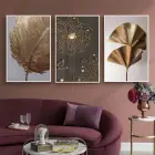 Altın Ginkgo Zarafeti Üçlü Metal Çerçeveli Tablo Seti