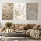 Zarif Natürel İzler Kabartma Efektli Üçlü Metal Çerçeveli Tablo Seti
