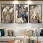 Altın Işıltılı Tüyler Üçlü Metal Çerçeveli Tablo Takımı