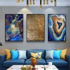 Mineral Mavisi Elegansı - Altın Dokunuşlu Doğa Üçlü Metal Çerçeveli Tablo Takımı