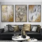 Altın Işıltılı Doğa Dokunuşları Üçlü Metal Çerçeveli Tablo Seti