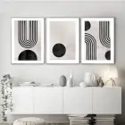 Geometrik Elegans: Soyut Siyah Beyaz Metal Çerçeveli Üçlü Tablo Seti