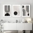 Geometrik Elegans: Soyut Siyah Beyaz Metal Çerçeveli Üçlü Tablo Seti