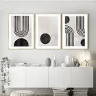 Geometrik Elegans: Soyut Siyah Beyaz Metal Çerçeveli Üçlü Tablo Seti