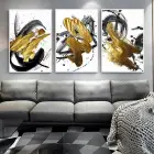 Dinamik Kontrast: Altın Fırça Darbeleri Ile Soyut Üçlü Metal Çerçeveli Tablo Seti