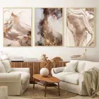 Organik Elegans: Sıcak Mermer Desenli Üçlü Metal Çerçeveli Tablo Seti