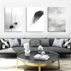 Siyah Beyaz Konsept: Göl üzerinde Kayıklar, Kuş Tüyü ve Gökyüzünde Kuşlar Üçlü Kombin Tablo Seti