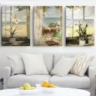 Pencere Kenarı Deniz Manzarası ve Çiçekler Yağlı Boya Dokulu Üçlü Kanvas Tablo Takımı