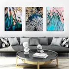 Altın Yeşil ve Pembe Soyut Tavus Kuşu Tüyleri Dekoratif Üçlü Kanvas Tablo