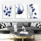 Suluboya Dokulu Mavi Çiçekler Dekoratif 3lü Kanvas Tablo Seti