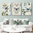 Retro Country Tarzı Dalda Mavi Kuşlar ve Kelebek Üçlü Kanvas Tablo Seti