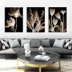 Siyah Zemin Üzerinde Dekoratif Çiçekler Duvar Tablosu 3’lü Kanvas Tablo Seti