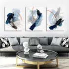 Soğuk Renkler Kombinasyonu Altın Çizgiler ve Mürekkep Sıçramaları Sanatsal Üçlü Kanvas Tablo Seti