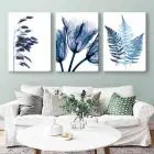 Suluboya Dokulu Mavi Bitkiler 3lü Kombin Dekoratif Kanvas Tablo Seti