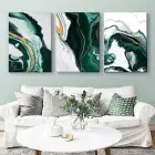 Dekoratif Modern Soyut: Koyu Yeşil ve Altın Hatlar Üçlü Kanvas Seti