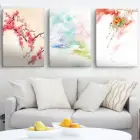 Japon Tarzı Suluboya Görünümlü Kiraz Çiçekleri Üçlü Kanvas Tablo Seti