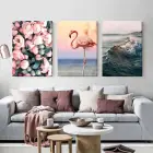 Pembe Çiçekler Flamingo ve Dalgalar 3lü Kombin Kanvas Tablo Seti