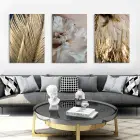 Kolaj Kanvas Tablo Seti - Altın Renkli Tüyler Modern 3lü Kombin