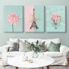 Eyfel Kulesi ve Pembe Çiçekler Üç Parçalı Kanvas Tablo Seti