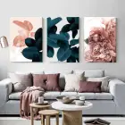 İskandinav Tarzı Pembe Çiçek ve Yeşil Bitkiler 3 Parçalı Kanvas Tablo Seti