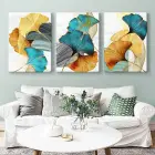 Soyut Mavi Yeşil Altın Yapraklar 3lü Kanvas Tablo