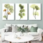 Bitkilerle Duvar Sanatı Yeşil Yapraklar Dekoratif Kanvas Üçlü Tablo Seti