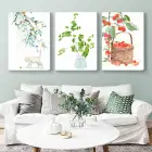 Country Tarzı Suluboya Konsept Kiraz Dalları ve Bitkiler 3lü Kanvas Tablo Seti