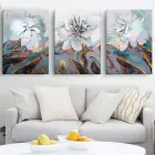 Soyut Beyaz Çiçekler Dekoratif 3lü Kanvas Tablo Seti