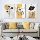 Gold Arka Plan Soyut Tema Çiçekler 3lü Kanvas Tablo Seti