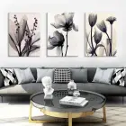 İskandinav Tarzı Soyut Minimalist Siyah Beyaz Çiçekler Üçlü Kanvas Tablo Seti