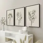 Minimalist Çiçek Eskizli Krem Tonlu Siyah Metal Çerçeveli Cam Tablo