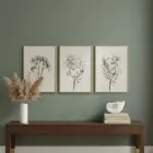 Minimalist Çiçek Eskizli Krem Tonlu Gold Metal Çerçeveli Cam Tablo