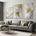 Çiçek Desenli Altın Detaylı Gold Metal Çerçeveli Cam Tablo