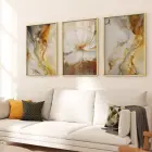 Altın Çiçekler Temalı Üçlü Metal Çerçeveli Tablo Seti