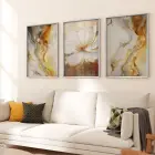 Altın Çiçekler Temalı Üçlü Metal Çerçeveli Tablo Seti
