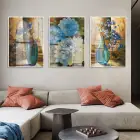 Çiçek Desenli Mavi Renk Detaylı Beyaz Metal Çerçeveli Cam Tablo