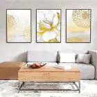 Gold Çiçekler Temalı Üçlü Metal Çerçeveli Tablo Seti