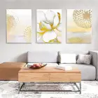 Gold Çiçekler Temalı Üçlü Metal Çerçeveli Tablo Seti