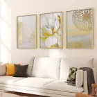 Gold Çiçekler Temalı Üçlü Metal Çerçeveli Tablo Seti