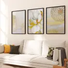 Gold Çiçekler Temalı Üçlü Metal Çerçeveli Tablo Seti