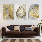 Gold Yaprak Desenli Üçlü Metal Çerçeveli Tablo Seti