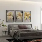 Gri ve Gold Çiçekler Tasarım Üçlü Metal Çerçeveli Tablo Seti