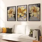 Gri ve Gold Çiçekler Tasarım Üçlü Metal Çerçeveli Tablo Seti