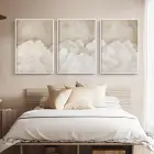 Kahve Tonlarında Beyaz Bulut Desenli Beyaz Metal Çerçeveli Tablo Seti