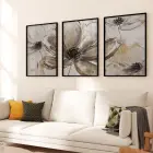 Kahverengi Çiçekler Desenli Üçlü Metal Çerçeveli Tablo Seti