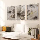 Kahverengi Çiçekler Desenli Üçlü Metal Çerçeveli Tablo Seti